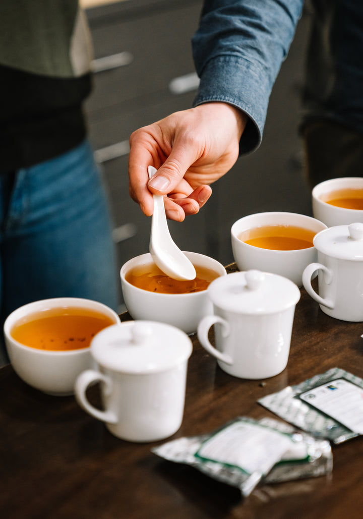 Several Darjeeling teas being tasted in the Smith Teamaker lab.