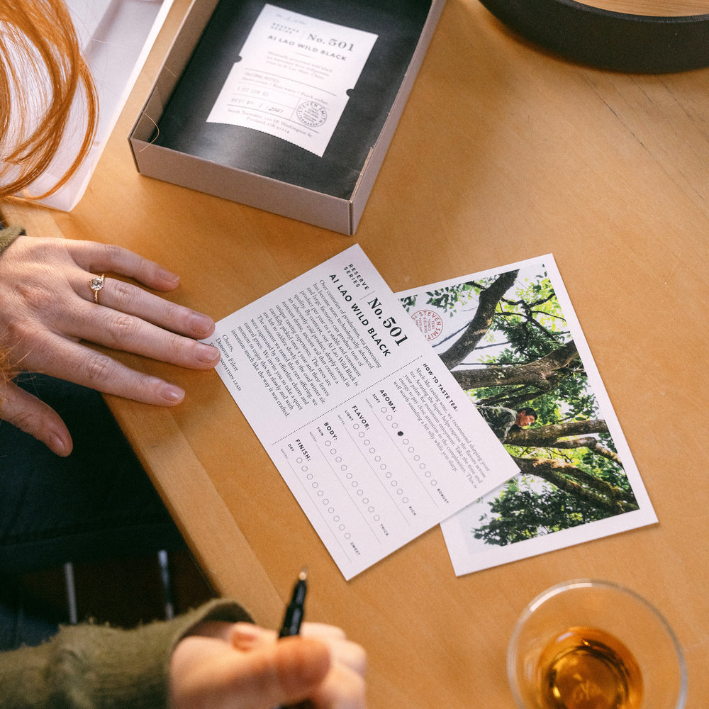 View of person sitting at a table looking at Ai Lao Wild Black post card inserts with pen in hand to fill out fillable portions.