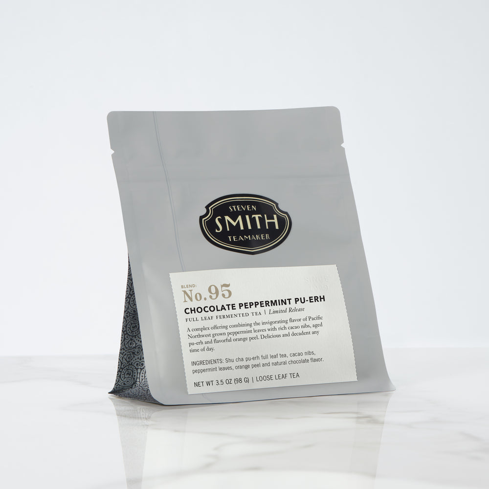 Grey loose leaf bag of Chocolate Peppermint Pu-erh with tea label and Smith logo.