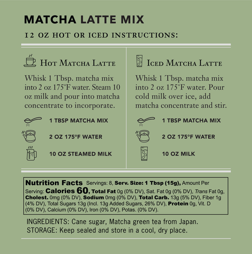 Matcha Latte Mix preparation instructions and nutritional information.