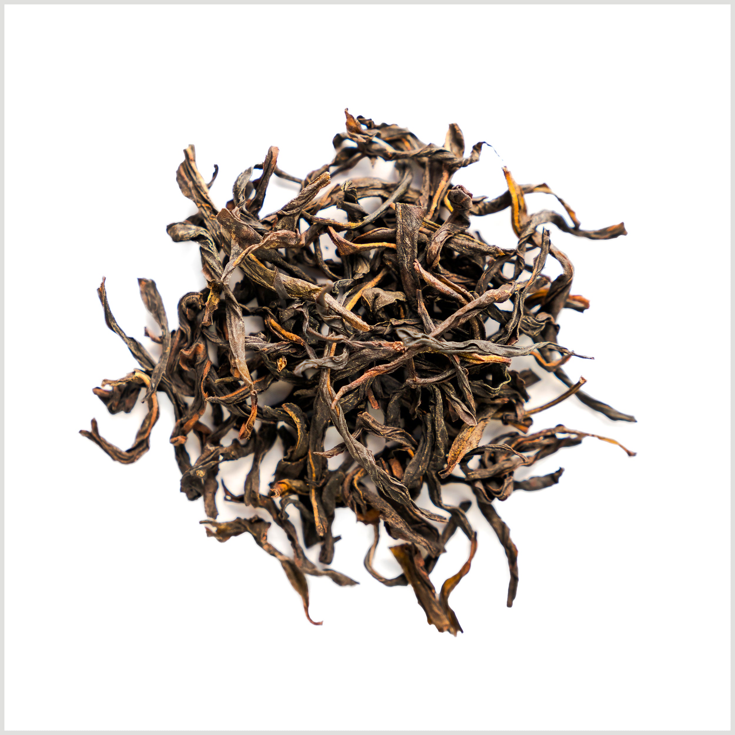 Pile of loose leaf Phoenix Oolong tea to show brown and golden strands of tea.