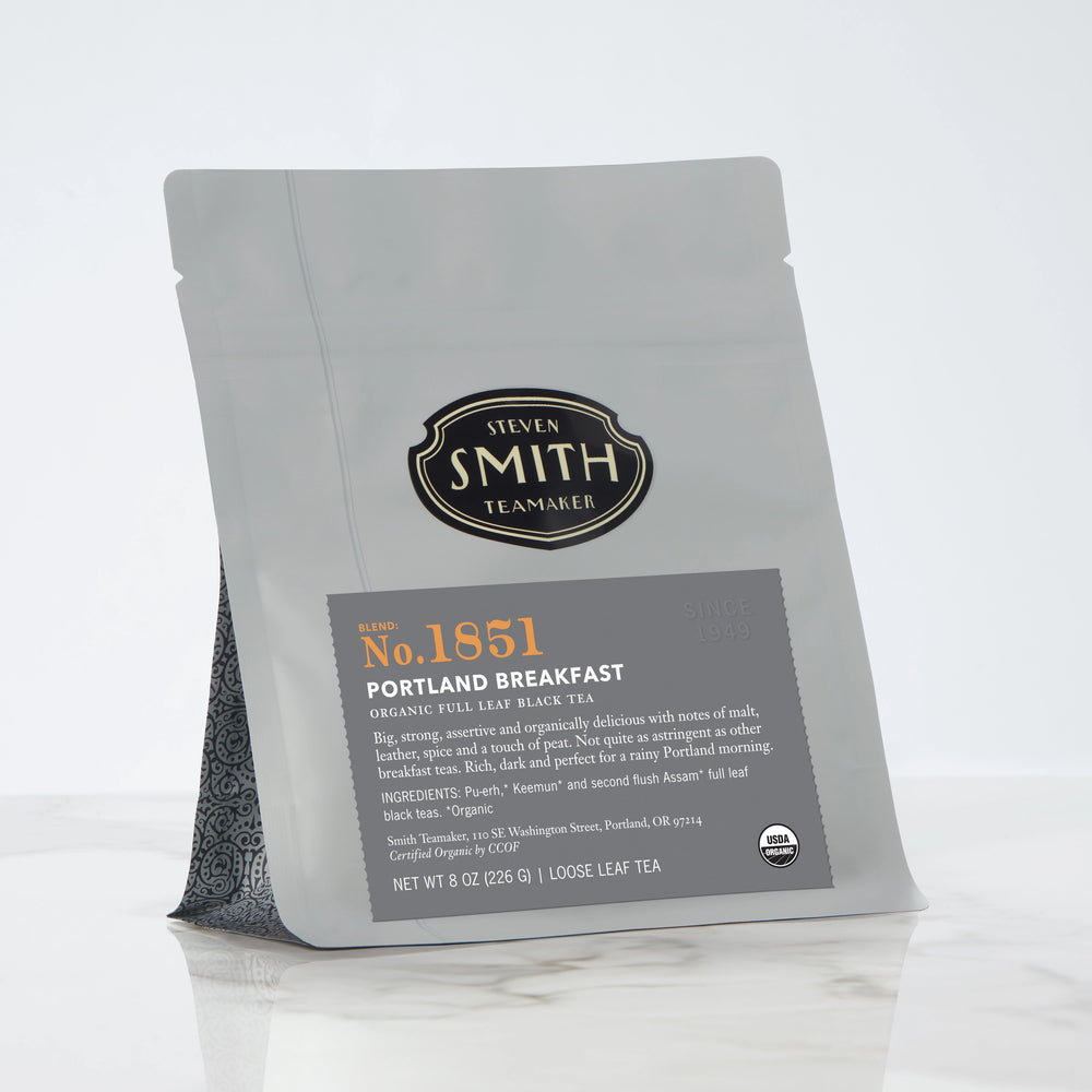Grey bag of loose tea with black Portland Breakfast label and Smith logo.